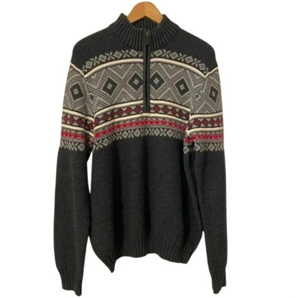IZOD‎ Mens Charcoal Grey Fair Isle Quarter Zip Textured Knit Sweater Size M